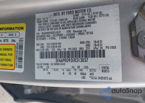 2014 Ford Fusion Titanium from USA, damaged, VIN 3FA6P0D93ER313037